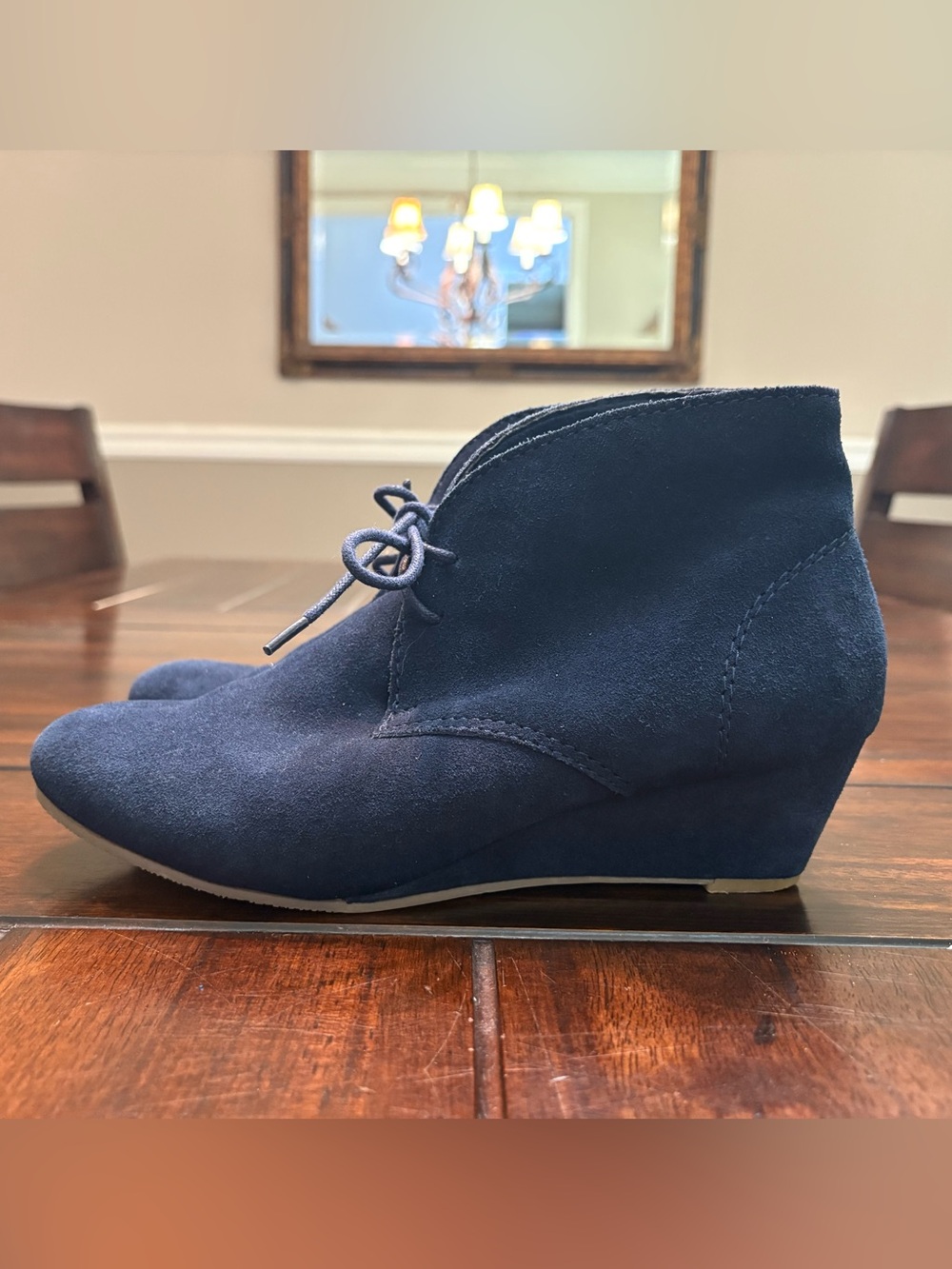 Crown Vintage Boho Navy Blue Suede Leather Wedge Ankle Booties Size 8.5